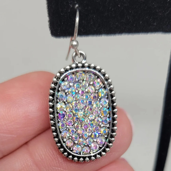 Iridescent Rhinestone 1" x 0.5" Silver Tone Earrings - Picture 2 of 3